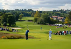 Golfers participating in a tournament at a scenic golf course
