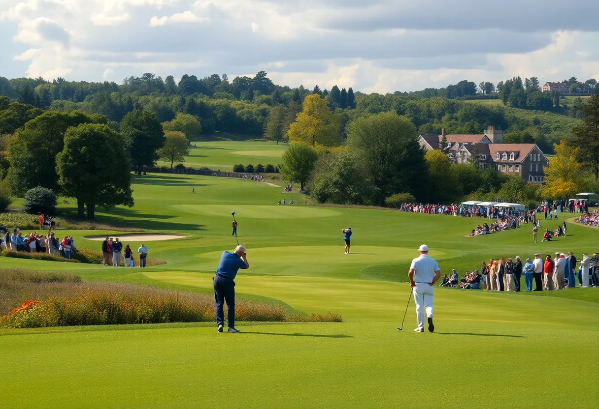 Golfers participating in a tournament at a scenic golf course