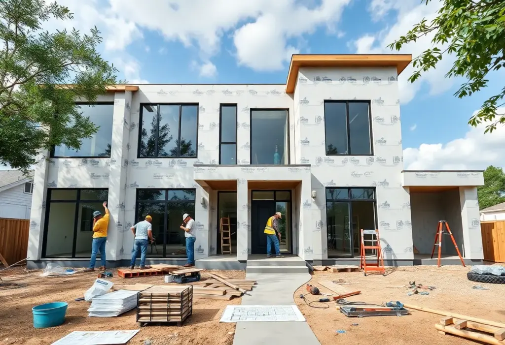 Builders working on a home construction project in Houston, Texas.