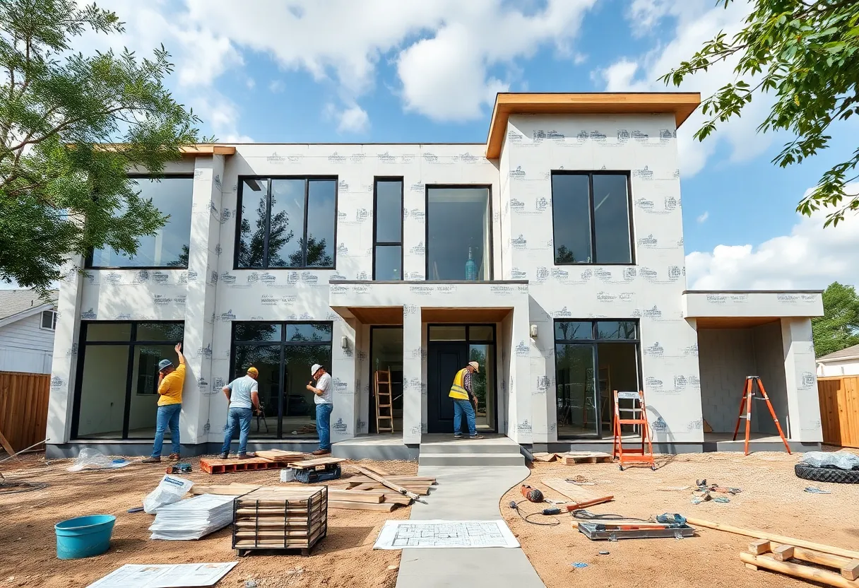 Builders working on a home construction project in Houston, Texas.
