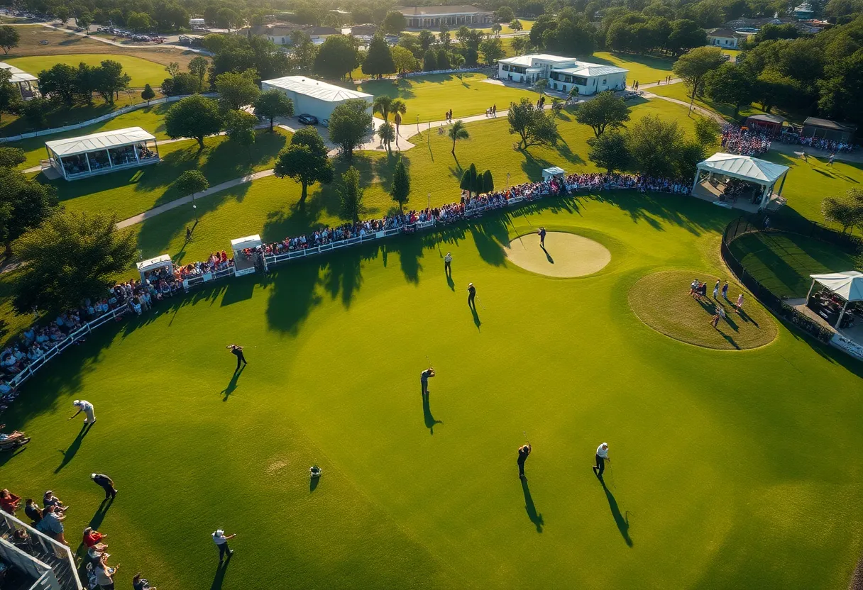 A view of the Houston Open golf tournament with players and audiences.