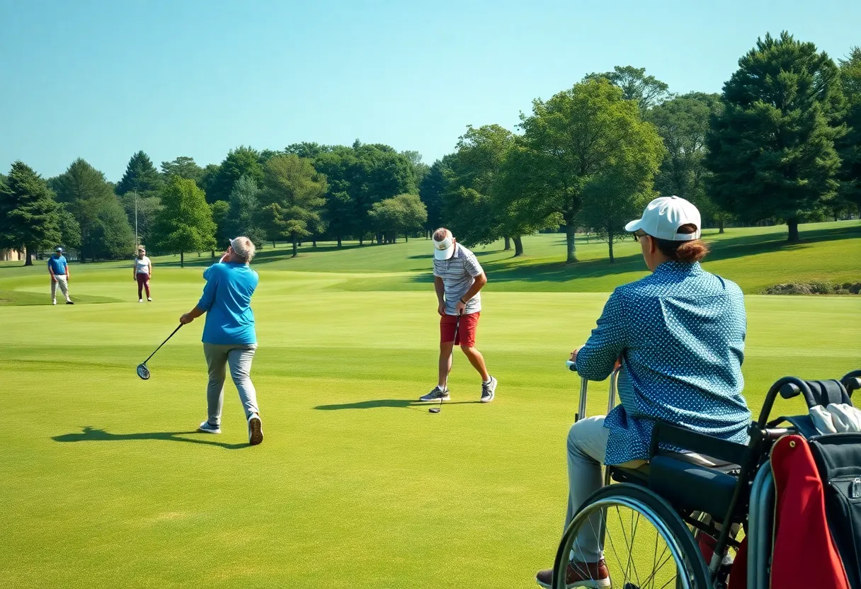 Individuals participating in an adaptive golf program on a beautiful golf course.