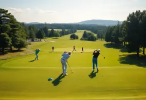 Golf course landscape with players practicing for a tournament