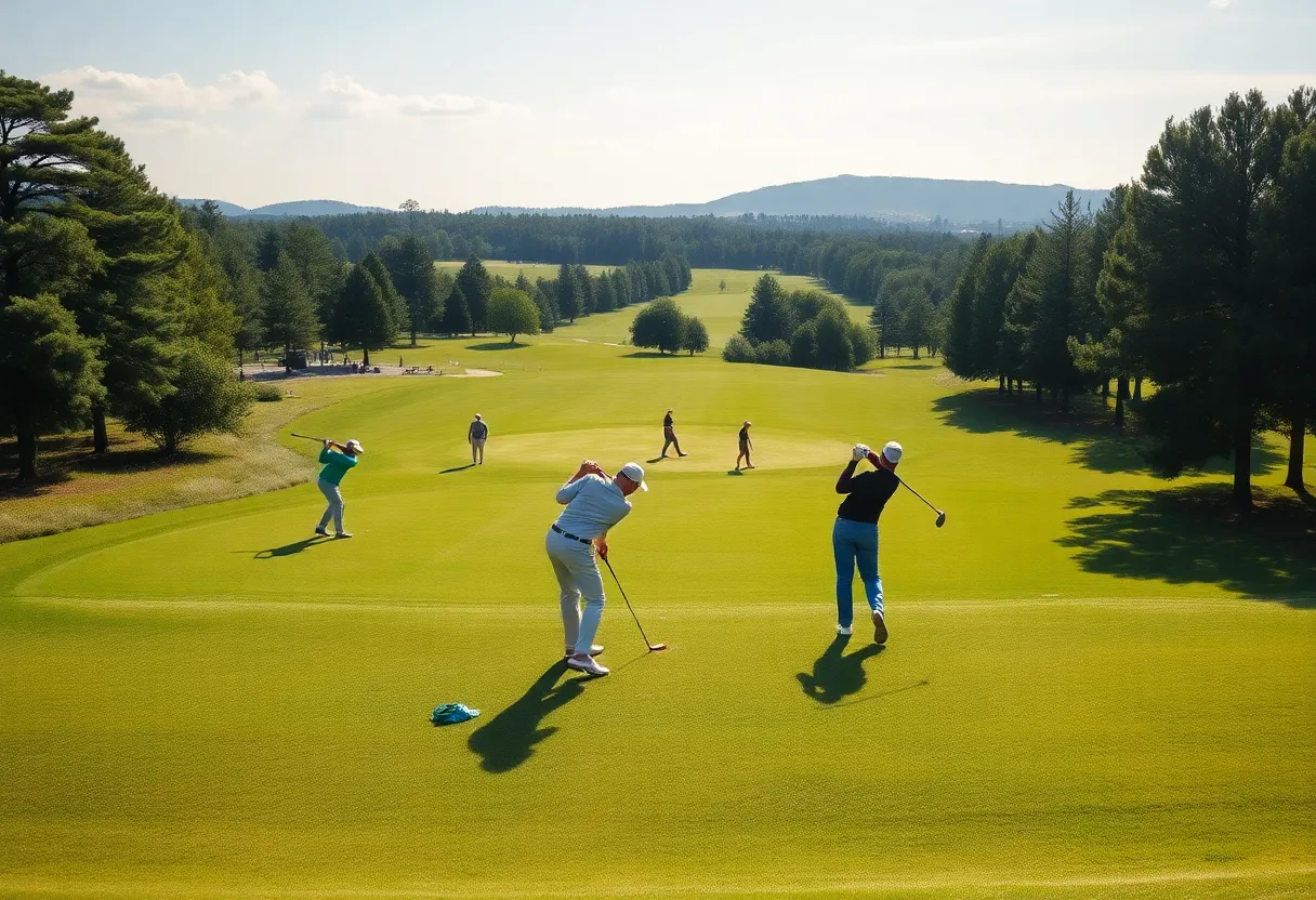Golf course landscape with players practicing for a tournament