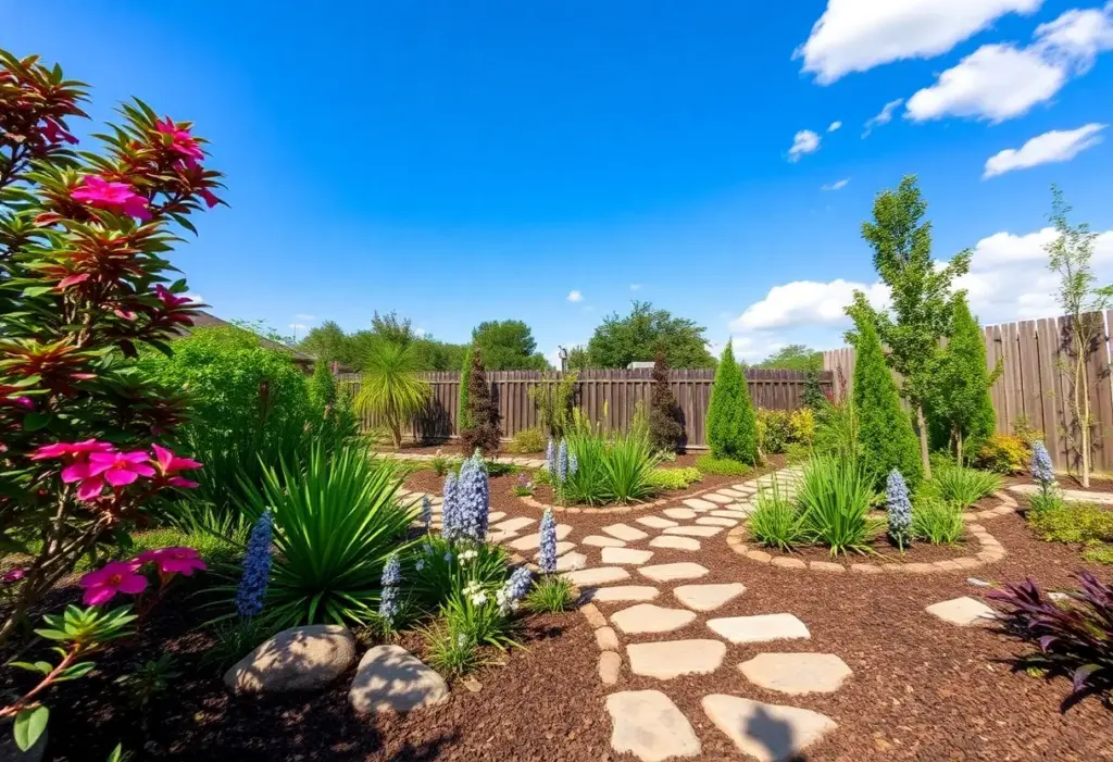 Vibrant garden in Houston with native plants and hardscape.