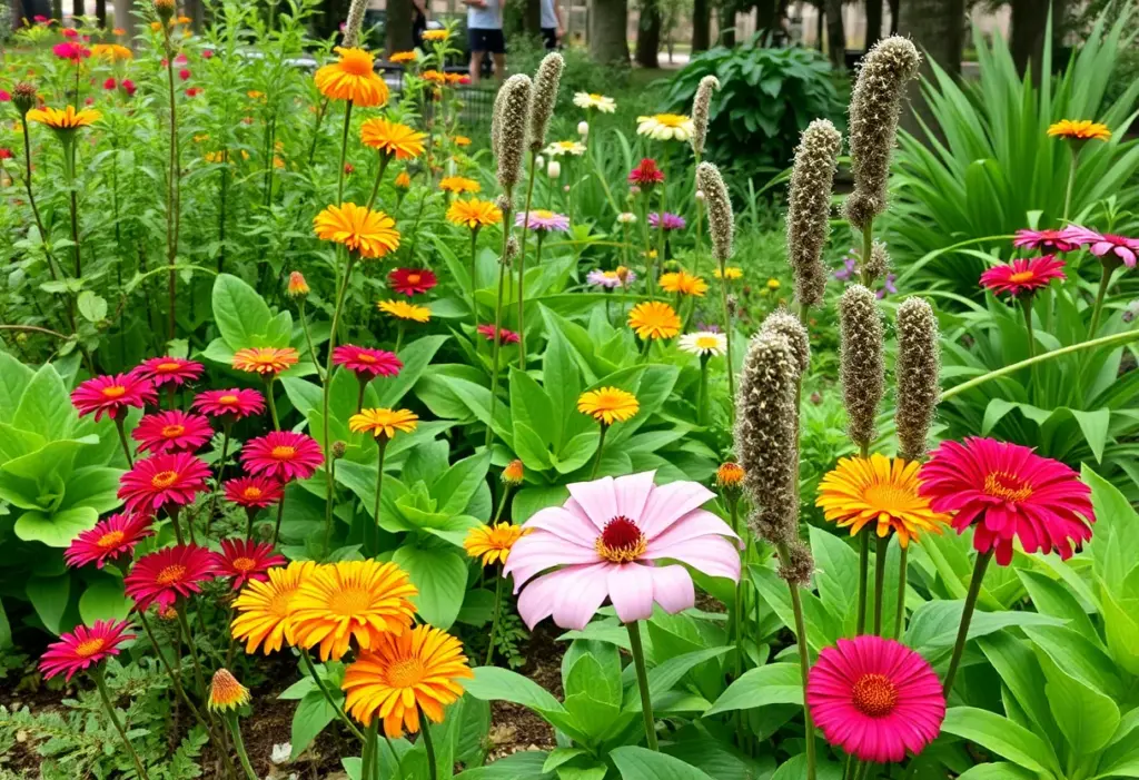 A low-water garden in Houston showcasing native plants with colorful flowers.