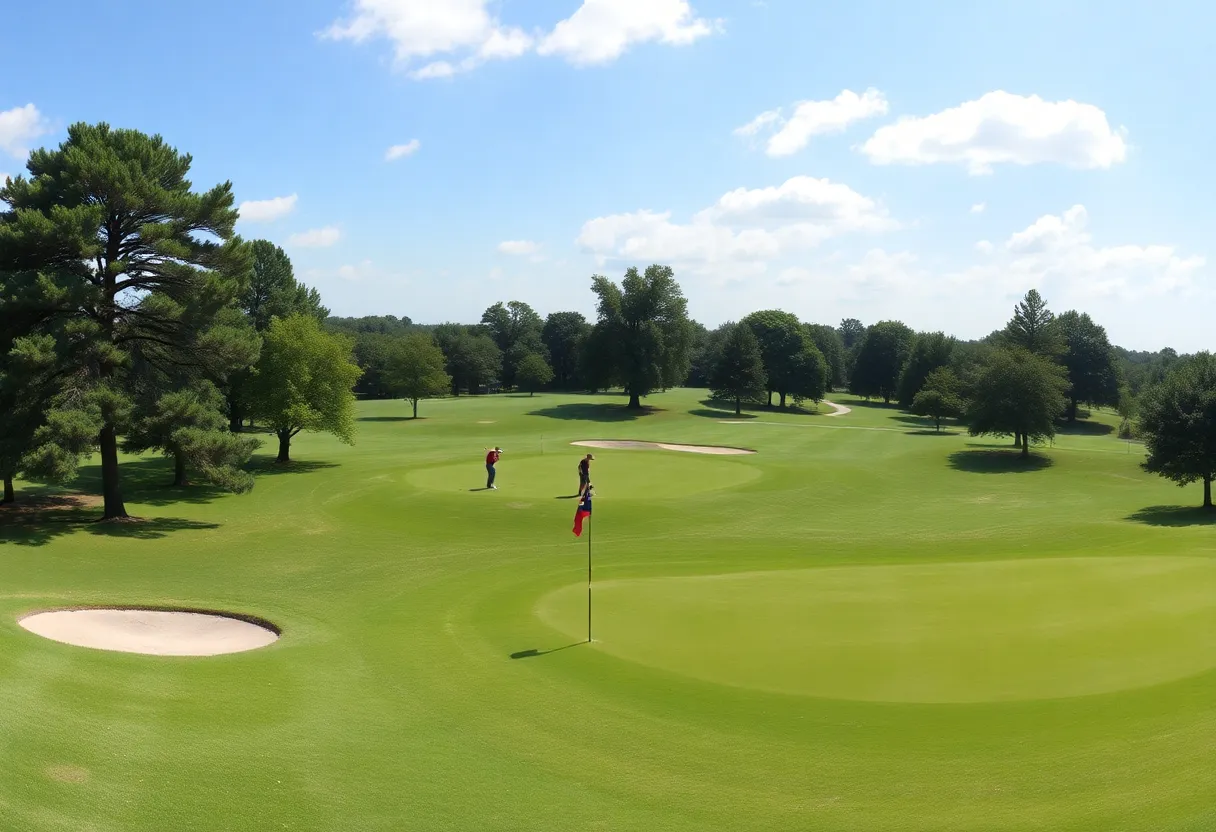 A scenic view of Memorial Park Golf Course with golfers in action.