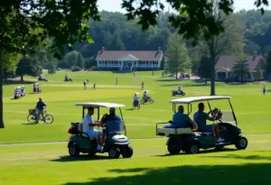 View of golfers at Riverbend Country Club during the Intercollegiate tournament