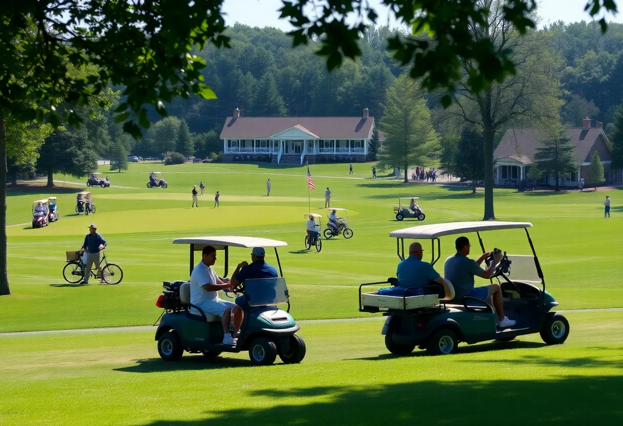 View of golfers at Riverbend Country Club during the Intercollegiate tournament