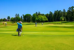 Competitive golf players on a beautiful course during the Texas Children's Houston Open.