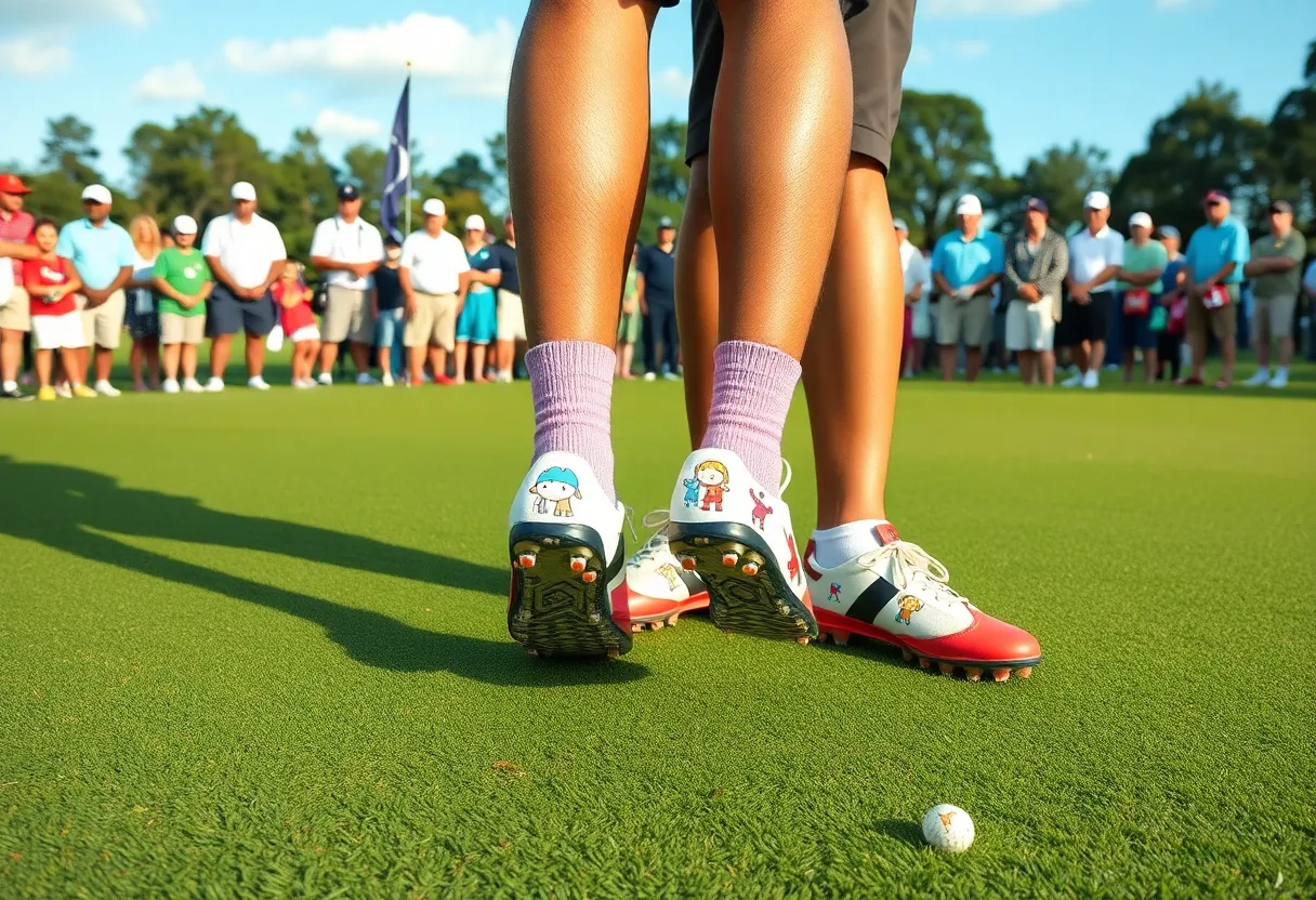 Professional golfers wearing children's themed cleats at the Texas Children's Houston Open.