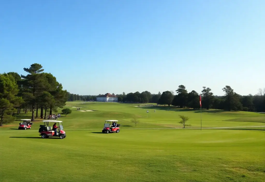 Golf course with players and carts at Riverbend Intercollegiate